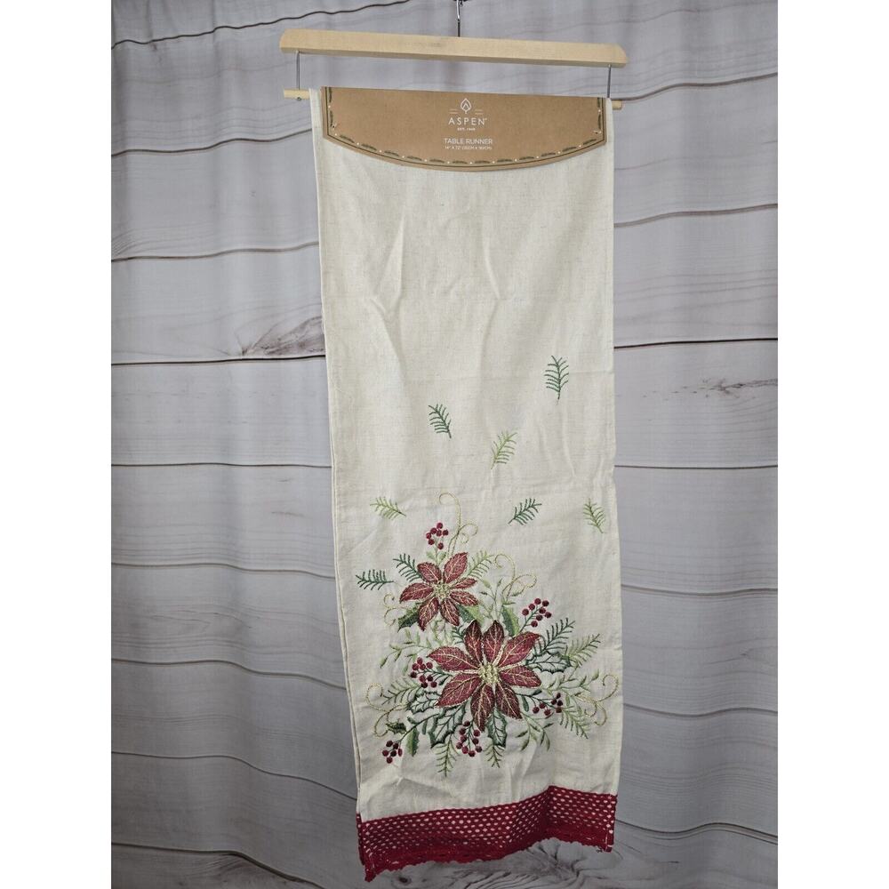 Aspen TABLE RUNNER Embroidered 14" x 72" Christmas Red Poinsettia Holly Gold New